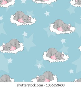 Seamless pattern with cute sleeping baby elephants on the clouds. Vector background for kids