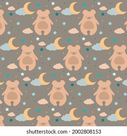Seamless pattern with cute sleeping bear and moons, cloud, stars. Vector illustration for children's room, textiles, clothing