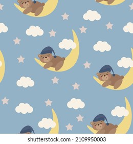 seamless pattern with cute sleeping bear cub on the moon with night blue sky with clouds and stars. the concept of children's sleep, dreams. seamless texture for wallpaper, textile, fabric