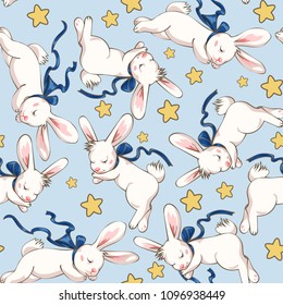 Seamless pattern with cute sleeping bunny and stars