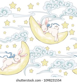 Seamless pattern with cute sleeping bunny on the Moon