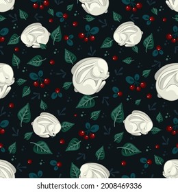 seamless pattern with cute sleeping bunny, rabbit, forest red berries, leaves, decorative background with mysterious forest flora and fauna, stylized vector graphics
