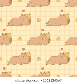 Seamless pattern. Cute sleeping Capybara with tangerine on yellow checkered background. Funny cartoon kawaii character backdrop. Vector illustration. Kids collection