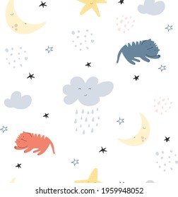 Seamless pattern with cute sleeping cats, clouds and stars. Texture for children's wallpaper, clothing, textiles. Hand draw vector illustration in doodle cartoon style