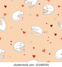 Seamless pattern with cute sleeping cats, traces and hearts