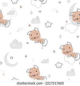 Seamless pattern with cute sleeping cats, moon, stars, clouds. Perfect for kids apparel, fabric, textile, nursery decoration,wrapping paper.Vector Illustration