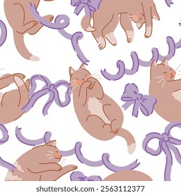 Seamless pattern of cute sleeping cats and bows. Pet animals, kitten ornament. Flat vector illustration.