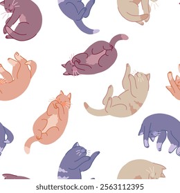 Seamless pattern of cute sleeping cats. Pet animals, kitten ornament. Flat vector illustration.