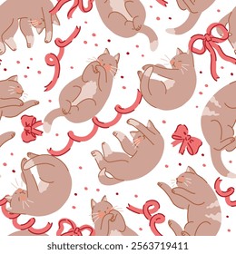 Seamless pattern of cute sleeping cats and bows. Pet animals, kitten ornament. Flat vector illustration.