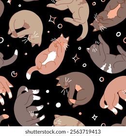 Seamless pattern of cute sleeping cats. Pet animals, kitten ornament. Flat vector illustration.