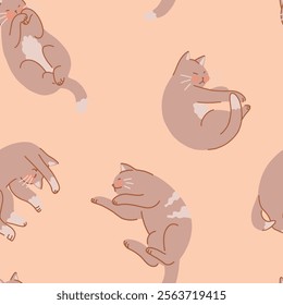 Seamless pattern of cute sleeping cats. Pet animals, kitten ornament. Flat vector illustration.