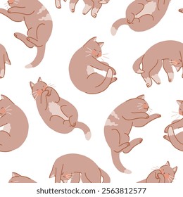 Seamless pattern of cute sleeping cats. Pet animals, kitten ornament. Flat vector illustration.