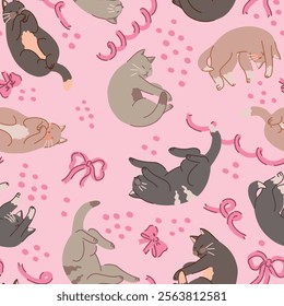 Seamless pattern of cute sleeping cats and bows. Pet animals, kitten ornament. Flat vector illustration.