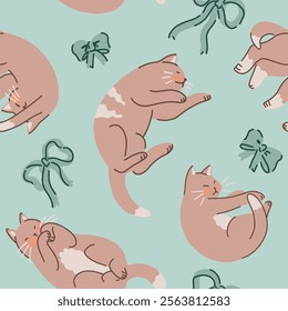 Seamless pattern of cute sleeping cats and bows. Pet animals, kitten ornament. Flat vector illustration.