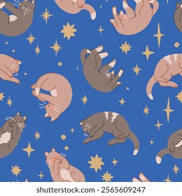 Seamless pattern of cute sleeping cats and stars. Pet animals, kitten ornament. Flat vector illustration.