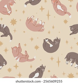 Seamless pattern of cute sleeping cats and stars. Pet animals, kitten ornament. Flat vector illustration.