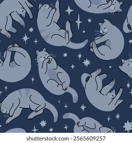 Seamless pattern of cute sleeping cats and stars. Pet animals, kitten ornament. Flat vector illustration.