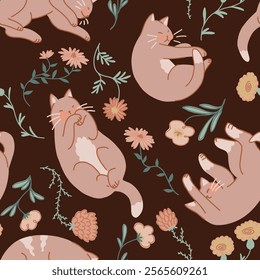 Seamless pattern of cute sleeping cats and wildflowers. Pet animals, kitten ornament. Flat vector illustration.