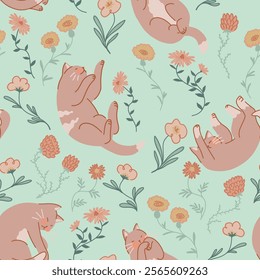 Seamless pattern of cute sleeping cats and wildflowers. Pet animals, kitten ornament. Flat vector illustration.