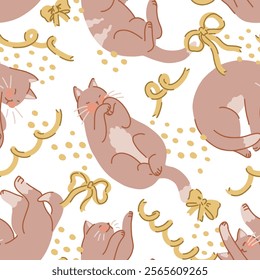 Seamless pattern of cute sleeping cats and bows. Pet animals, kitten ornament. Flat vector illustration.