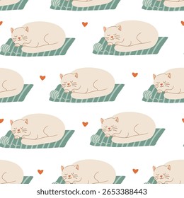 Padrão perfeito com gatos adormecidos bonitos em cobertores listrados e corações minúsculos. Ideal para tecido acolhedor, têxteis para crianças e projetos com tema de animais de estimação.