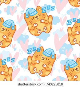 Seamless pattern with cute sleeping cats, clouds and hearts. Hand drawn illustration in cartoon, doodle style. Art for background texture design for web, print, textile, fabric, wallpaper