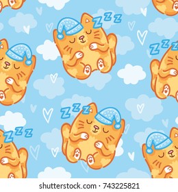 Seamless pattern with cute sleeping cats, clouds and hearts. Hand drawn illustration in cartoon, doodle style. Art for background texture design for web, print, textile, fabric, wallpaper