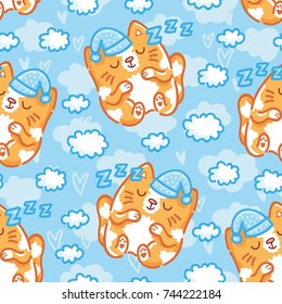 Seamless pattern with cute sleeping cats, kittens and clouds, hearts. Hand drawn illustration in cartoon, doodle style. Art for background texture design for web, print, textile, fabric, wallpaper