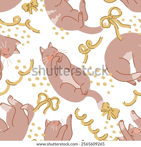Seamless pattern of cute sleeping cats and bows. Pet animals, kitten ornament. Flat vector illustration.