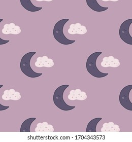 seamless pattern with cute sleeping cloud sky and moon on lilac background. Design for baby fabric, textile print, wrapping paper, cover, packing. Doodle vector illustration.