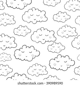 Seamless pattern with cute sleeping clouds. Can be used for wallpaper, pattern fills, greeting cards, webpage backgrounds, wrapping paper or fabric. Vector illustration. EPS 10.