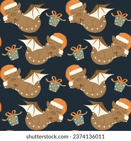 Seamless pattern with cute sleeping dragon in Santa Claus hat in cartoon style. A New Year's gift. A little dinosaur. Vector illustration.