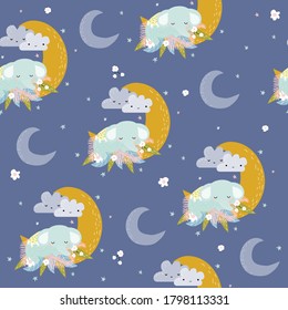 Seamless pattern with cute sleeping elephant. Childish trendy print. Vector hand drawn illustration.