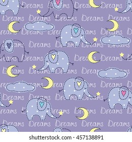 Seamless pattern with cute sleeping elephants, moon, stars and lettering