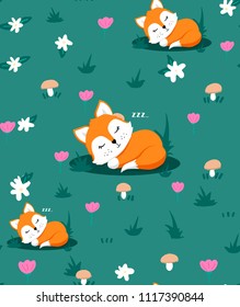 Seamless pattern with cute sleeping fox and flowers, mushrooms, herb. Vector illustration