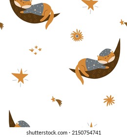 Seamless pattern with a cute sleeping fox cub and outer space elements. Vector illustration for decorating children's textiles.