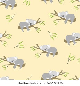 Seamless pattern with cute sleeping koala bears. Vector background