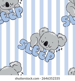 Seamless pattern with cute sleeping koalas and SLEEP text Hand drawn vector background for baby products