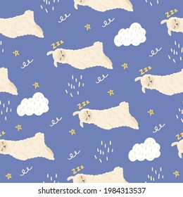 Seamless pattern with a cute sleeping llama . Vector illustration with a sleeping llama for decorating a children's room, wallpaper, fabrics, dishes,diaries, albums. Flat doodle style.