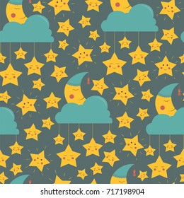 Seamless pattern with the cute sleeping moon, clouds and stars. EPS10 vector illustration.
