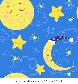 Seamless pattern with cute sleeping moons and stars. Vector illustration