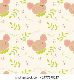 Seamless pattern of a cute sleeping mouse. Cartoon style. Hand drawn vector illustration. Design for T-shirt, textile and prints.
