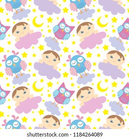 seamless pattern with cute sleeping owls, baby, moon, stars and clouds. Sweet dreams background. Vector illustration