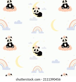 Patrón sin foco. Cute panda dormido sobre la luna y aguanta sobre la nube sobre fondo blanco con arcoiris y estrellas. Ilustración vectorial. Colección de niños escandinavos para diseño, decoración, papel pintado