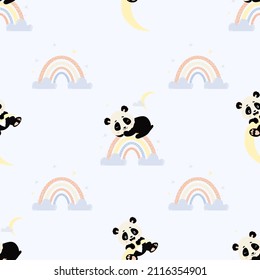 Seamless pattern. Cute sleeping panda on rainbow and playful bear cub on moon on blue background with clouds. Vector illustration. Scandinavian kids collection for design, decor, packaging, wallpaper