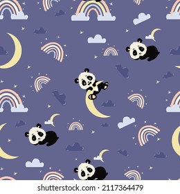 Seamless pattern. Cute sleeping panda and playful bear cub on moon on purple background with rainbows, clouds and stars. Vector illustration. kids collection for design, decor, packaging, wallpaper