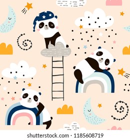 Seamless pattern with cute sleeping pandas, moon, rainbows, clouds. Creative good night background. Perfect for kids apparel,fabric, textile, nursery decoration,wrapping paper.Vector Illustration