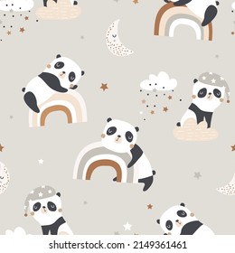 Seamless pattern with cute sleeping pandas on rainbows, moon, clouds. Creative good night background. Perfect for kids apparel,fabric, textile, nursery decoration,wrapping paper.Vector Illustration