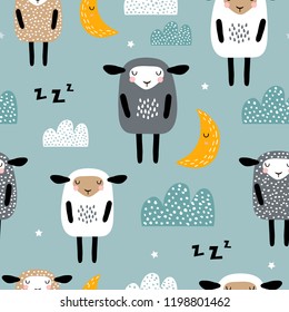 Seamless pattern with cute sleeping sheep, moon, clouds. Creative good night background. Perfect for kids apparel,fabric, textile, nursery decoration,wrapping paper.Vector Illustration