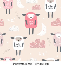 Seamless pattern with cute sleeping sheep, moon, clouds. Creative good night background. Perfect for kids apparel,fabric, textile, nursery decoration,wrapping paper.Vector Illustration